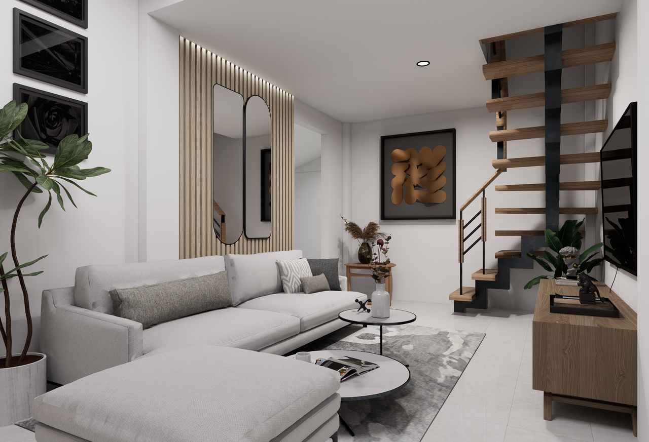 Elegant modern living room featuring minimalist decor, neutral colors, and a wooden spiral staircase.